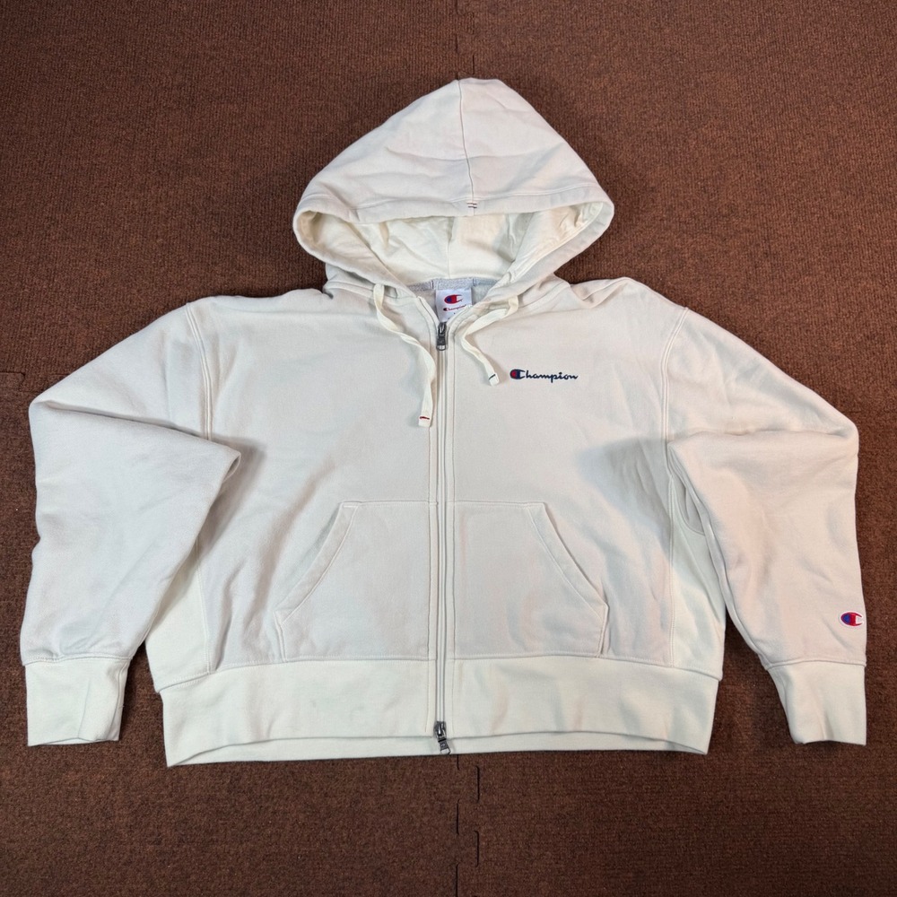Champion Reverse Weave Zip Up Hoodie Womens Large Cream Cropped Sweatshirt 2935